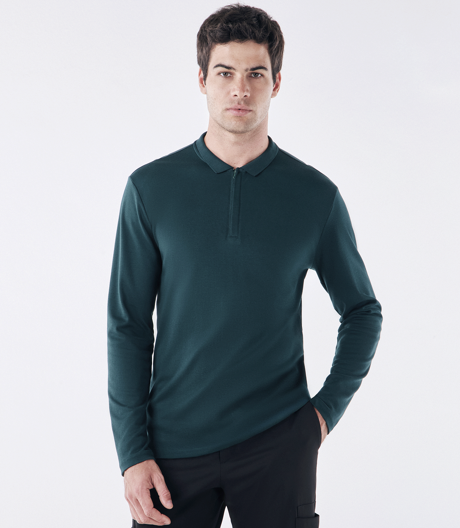 Polo Pima Zíper Manga Longa Verde