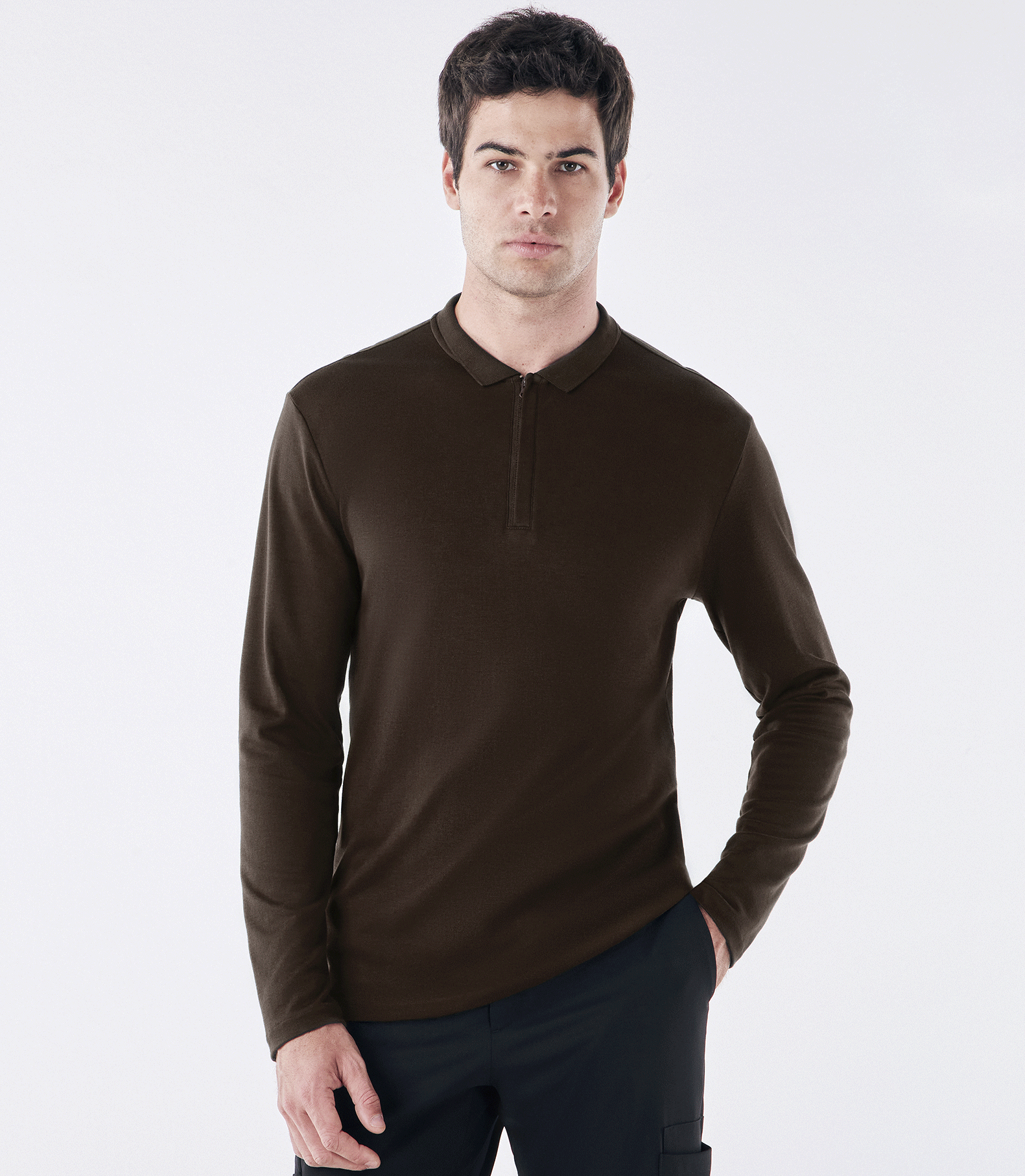 Polo Pima Zíper Manga Longa Marrom