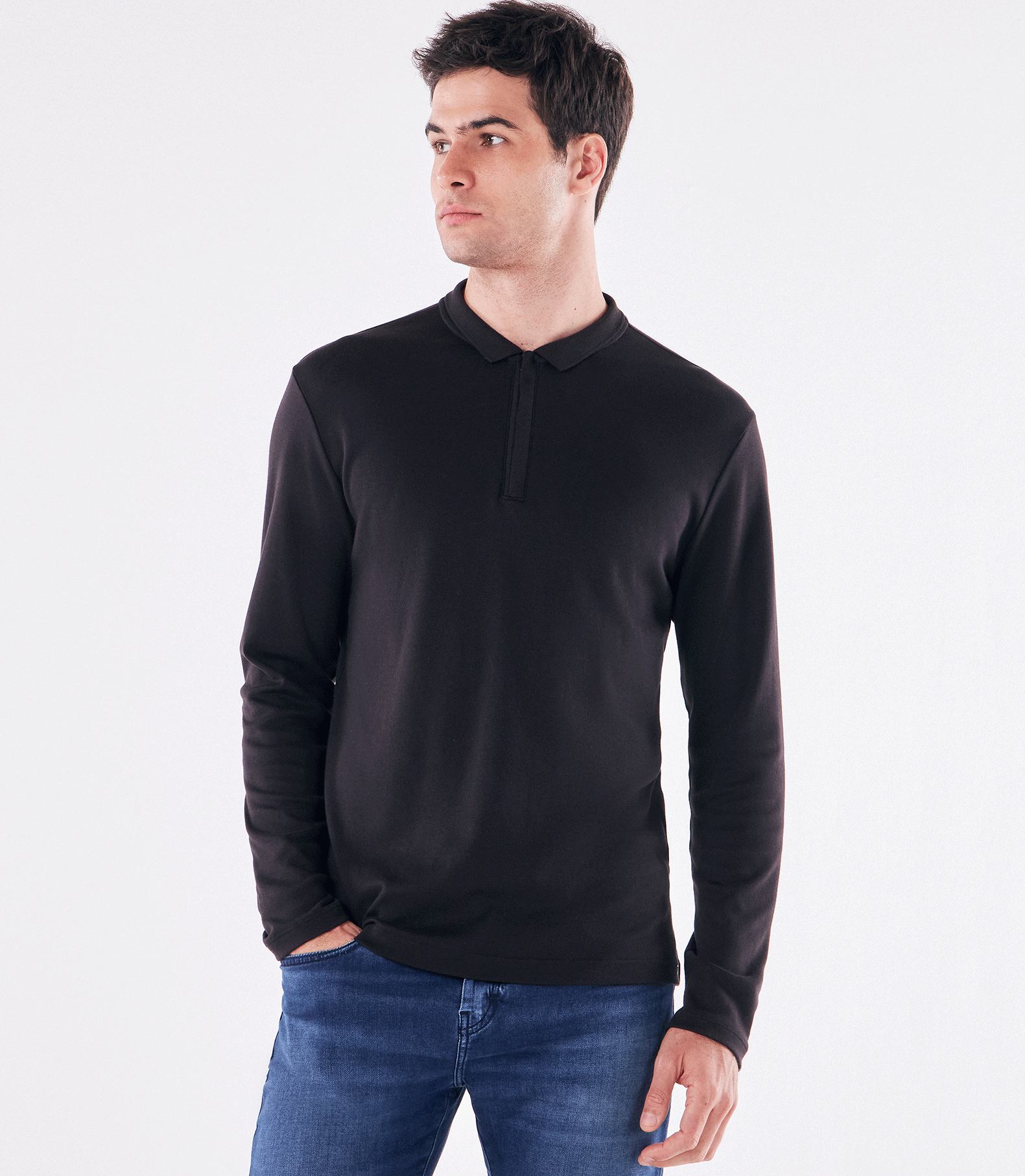 Polo Pima Zíper Manga Longa Preto
