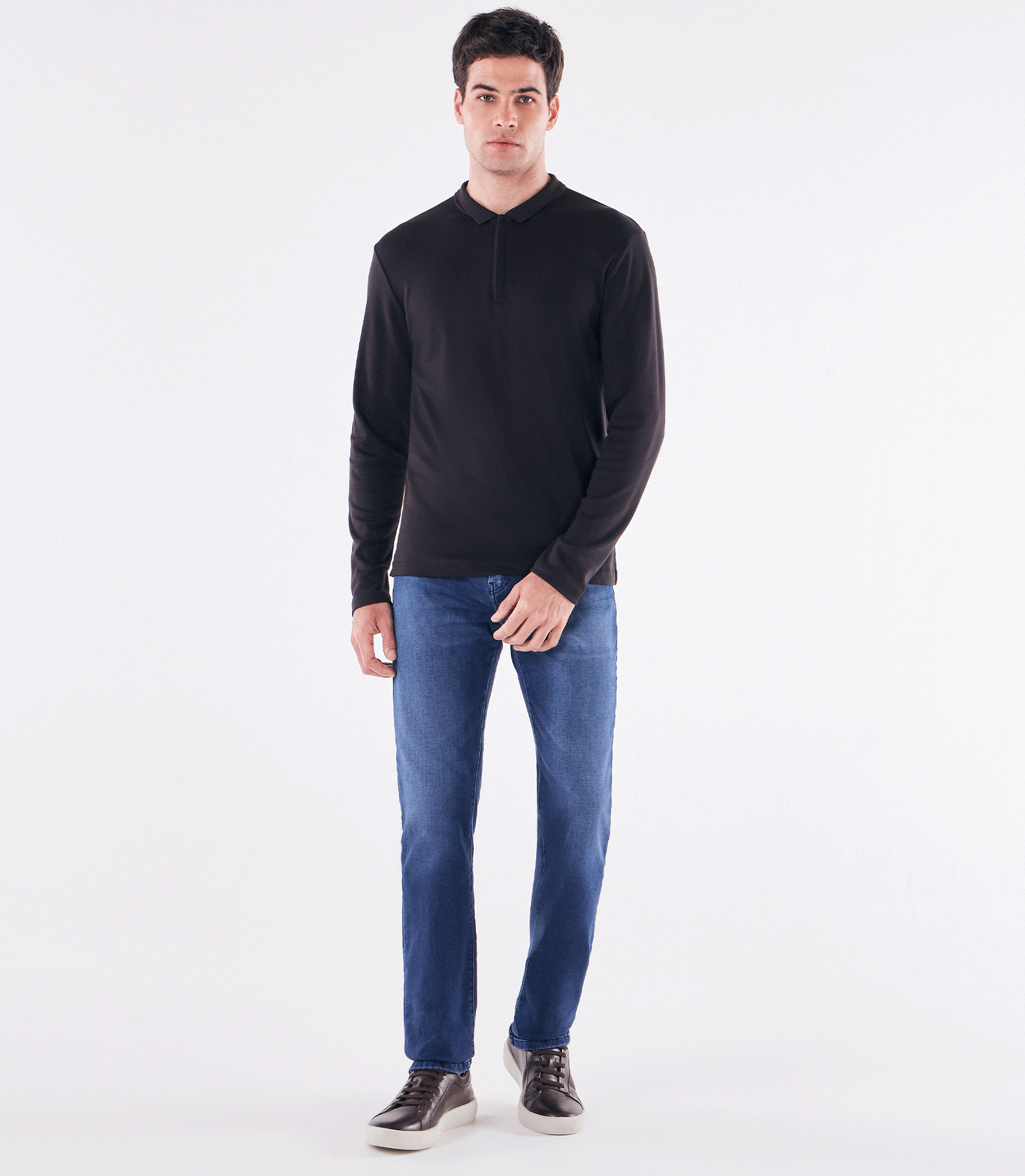 Polo Pima Zíper Manga Longa Preto