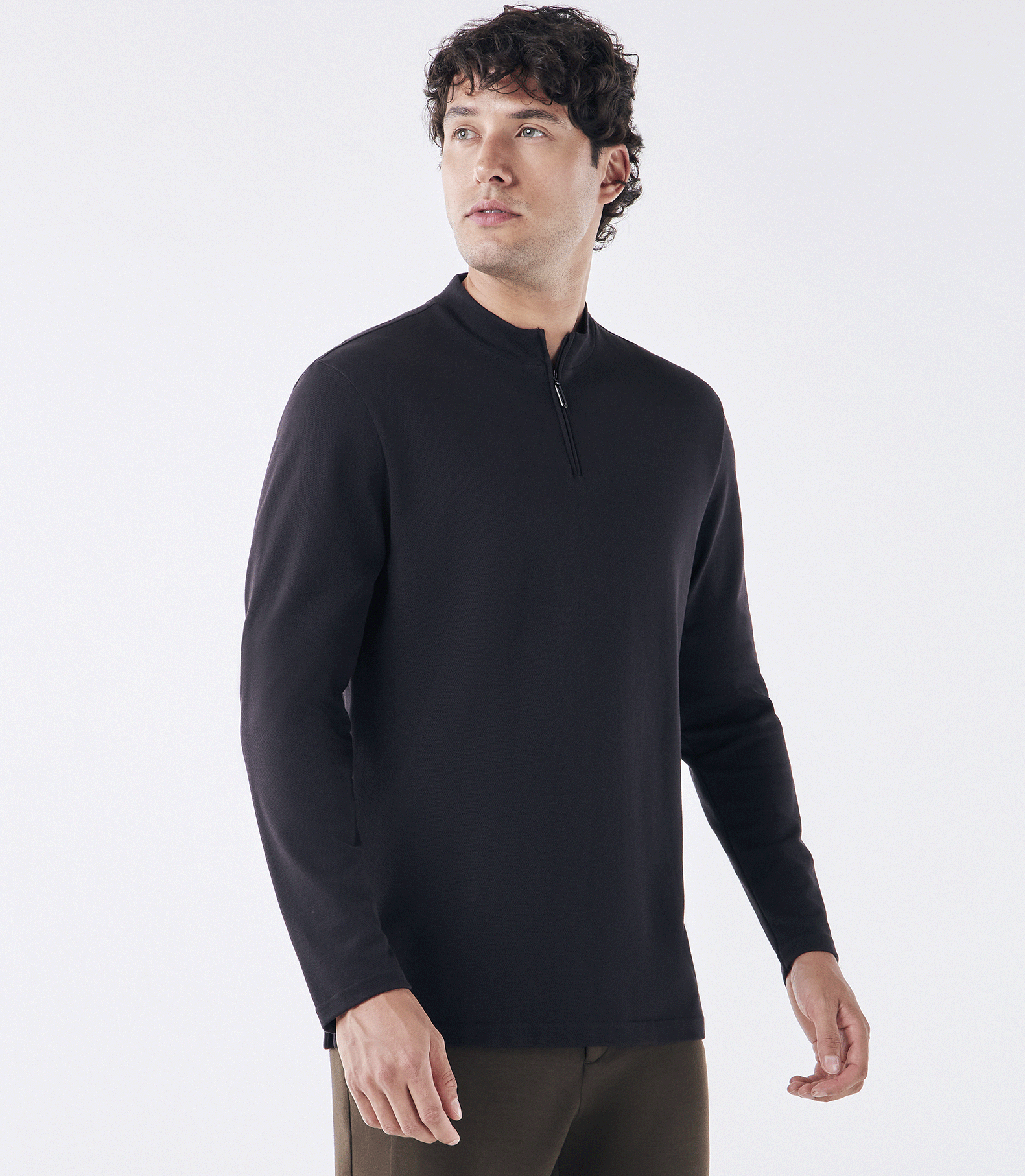 Polo Pima Zíper Rolê Manga Longa Preto