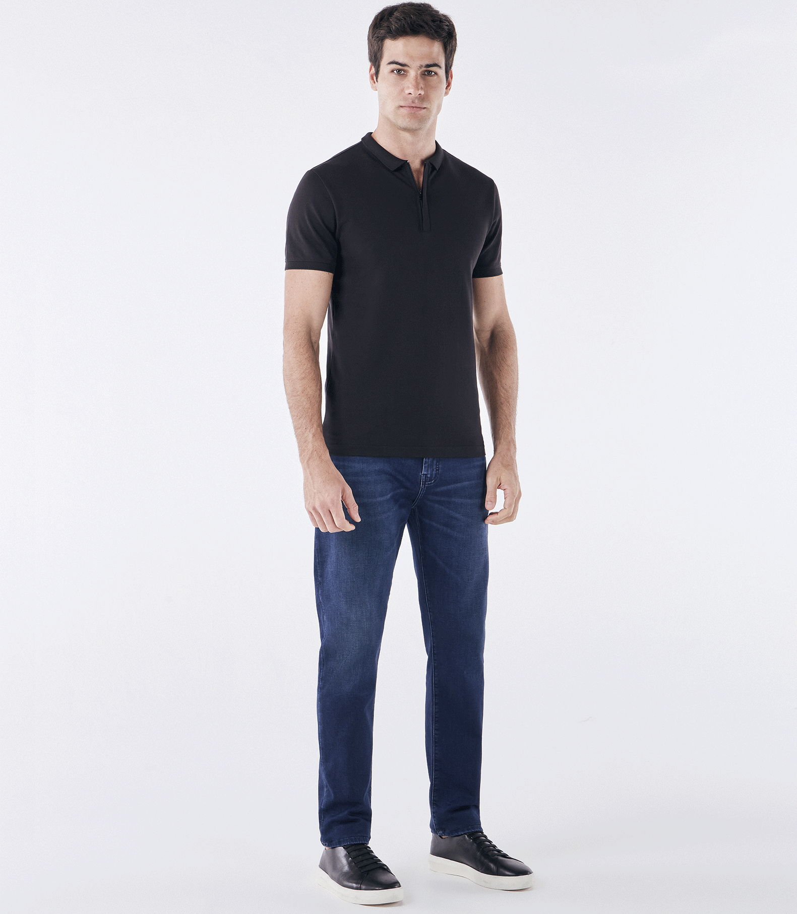 Polo Pima Zíper Gola Estreita Preto