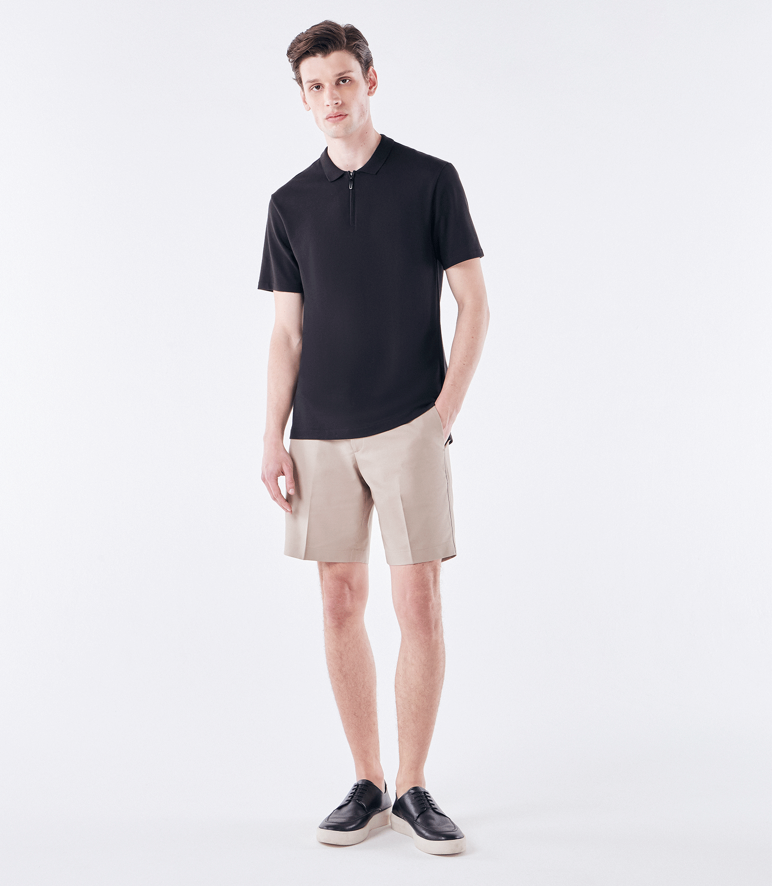 Polo Pima Gola Estreita Zíper Preto