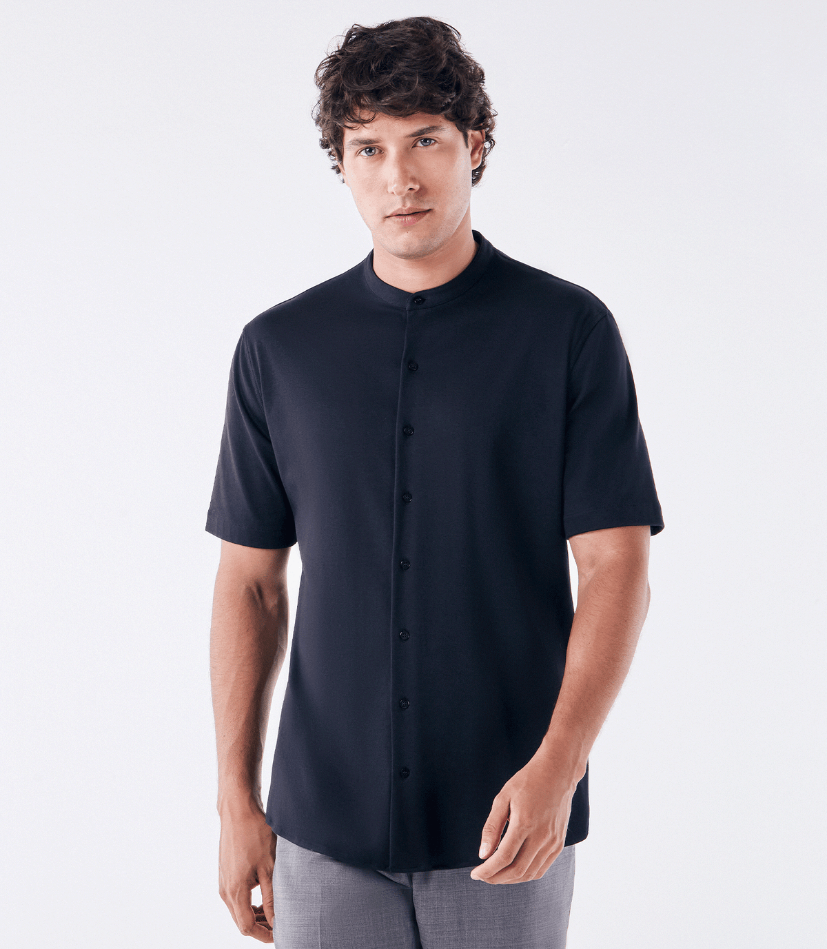 Camisa Manga Curta Gola Mao de Malha Homemeeting Azul