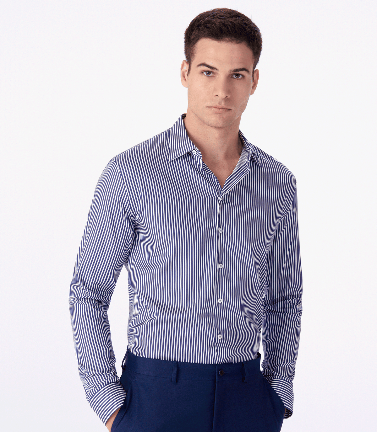Camisa Social Manga Longa Slim Listras Azul