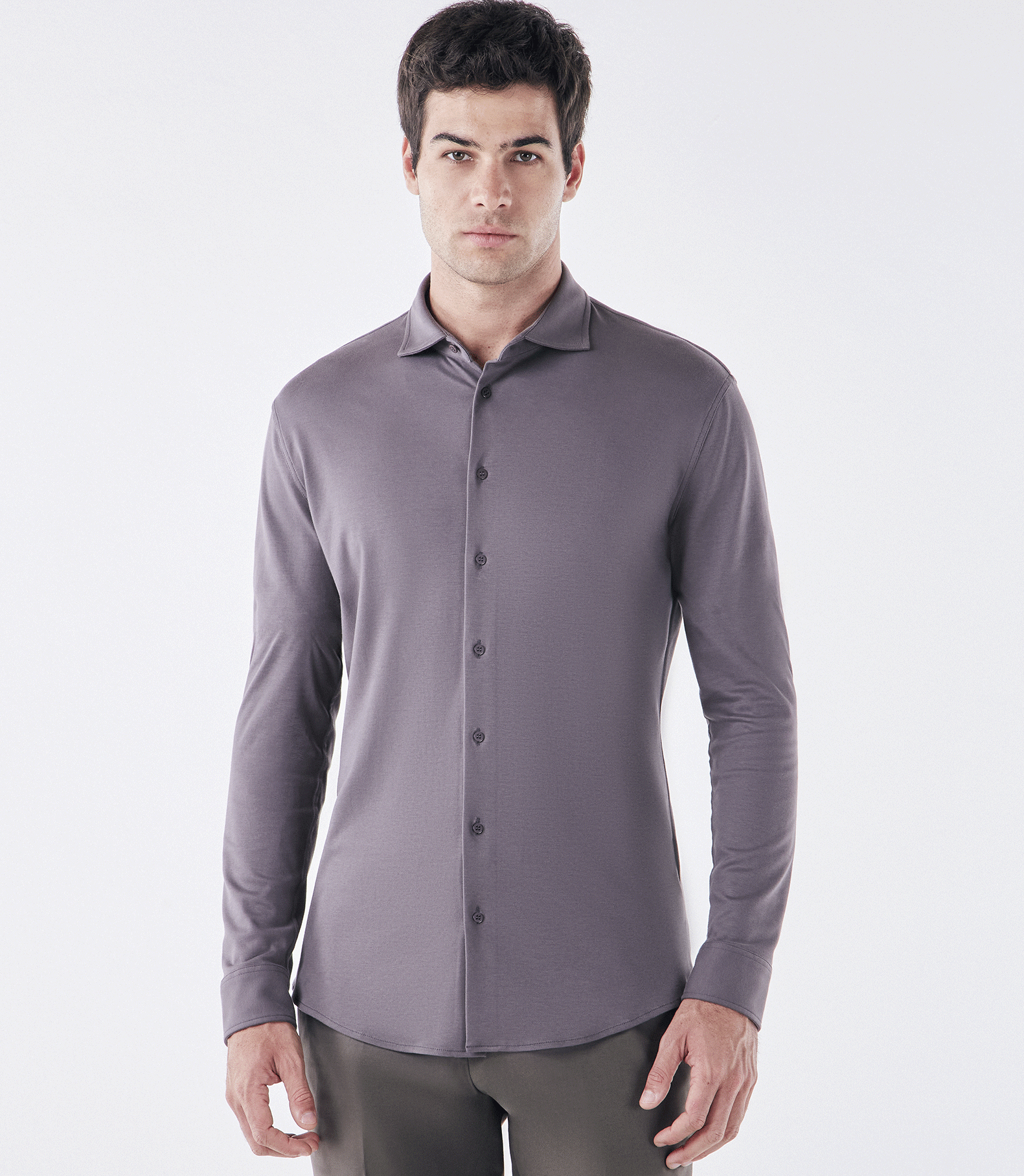 Camisa Manga Longa Gola Invertida de Malha Homemeeting Cinza