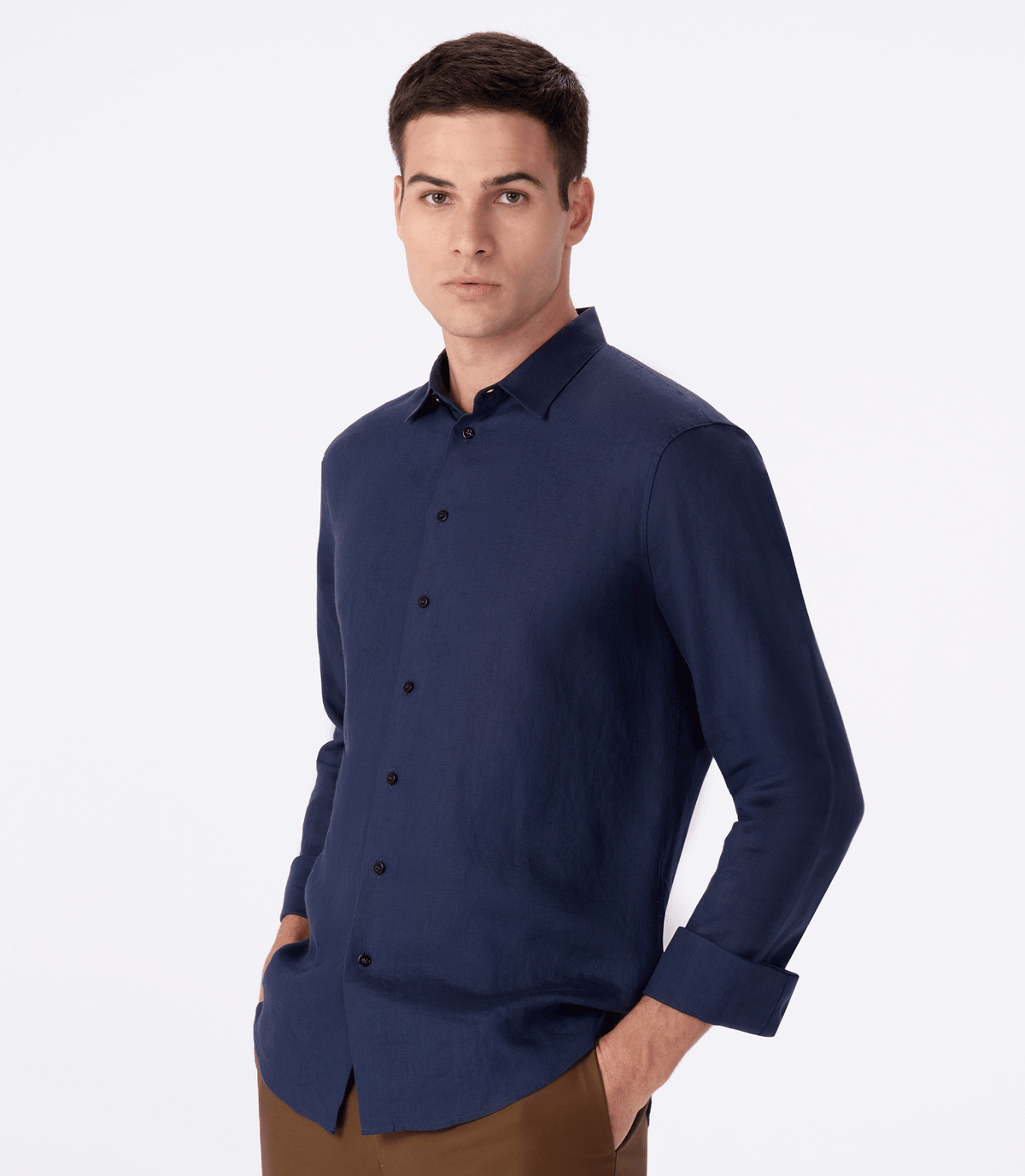 Camisa de Linho Básica Manga Longa Azul