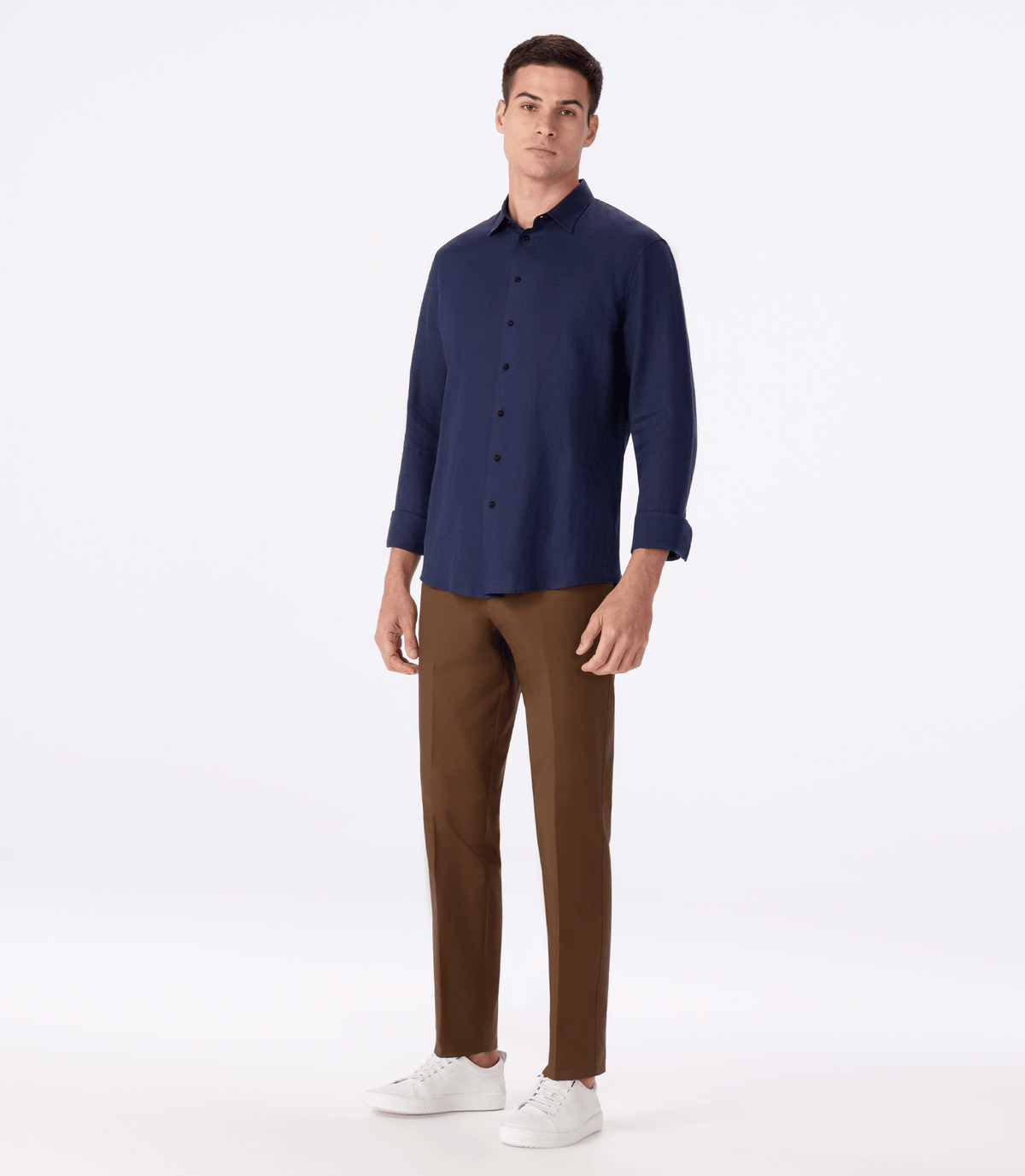 Camisa de Linho Básica Manga Longa Azul