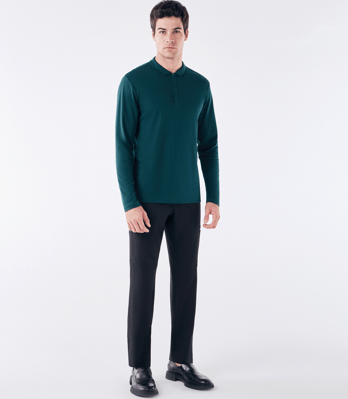 Polo Pima Zíper Manga Longa Verde