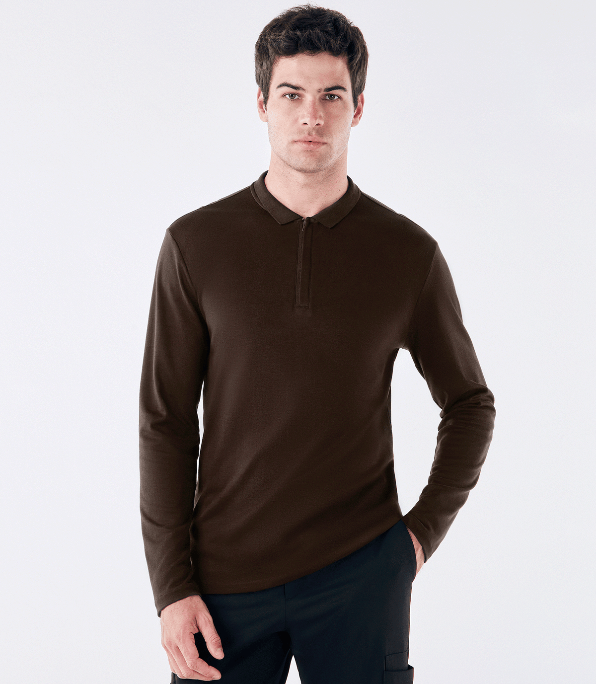 Polo Pima Zíper Manga Longa Marrom