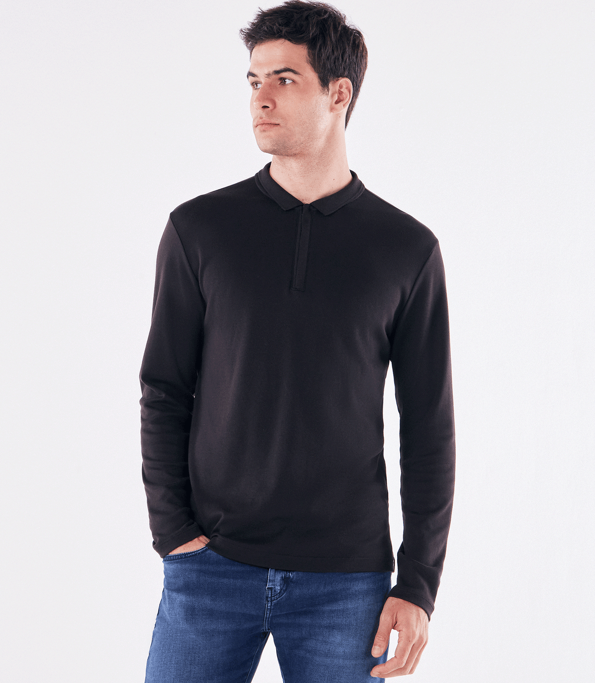 Polo Pima Zíper Manga Longa Preto
