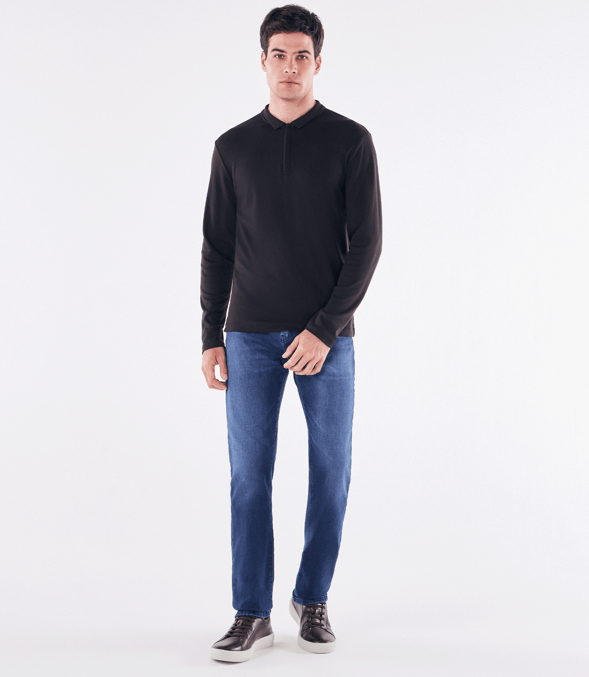 Polo Pima Zíper Manga Longa Preto