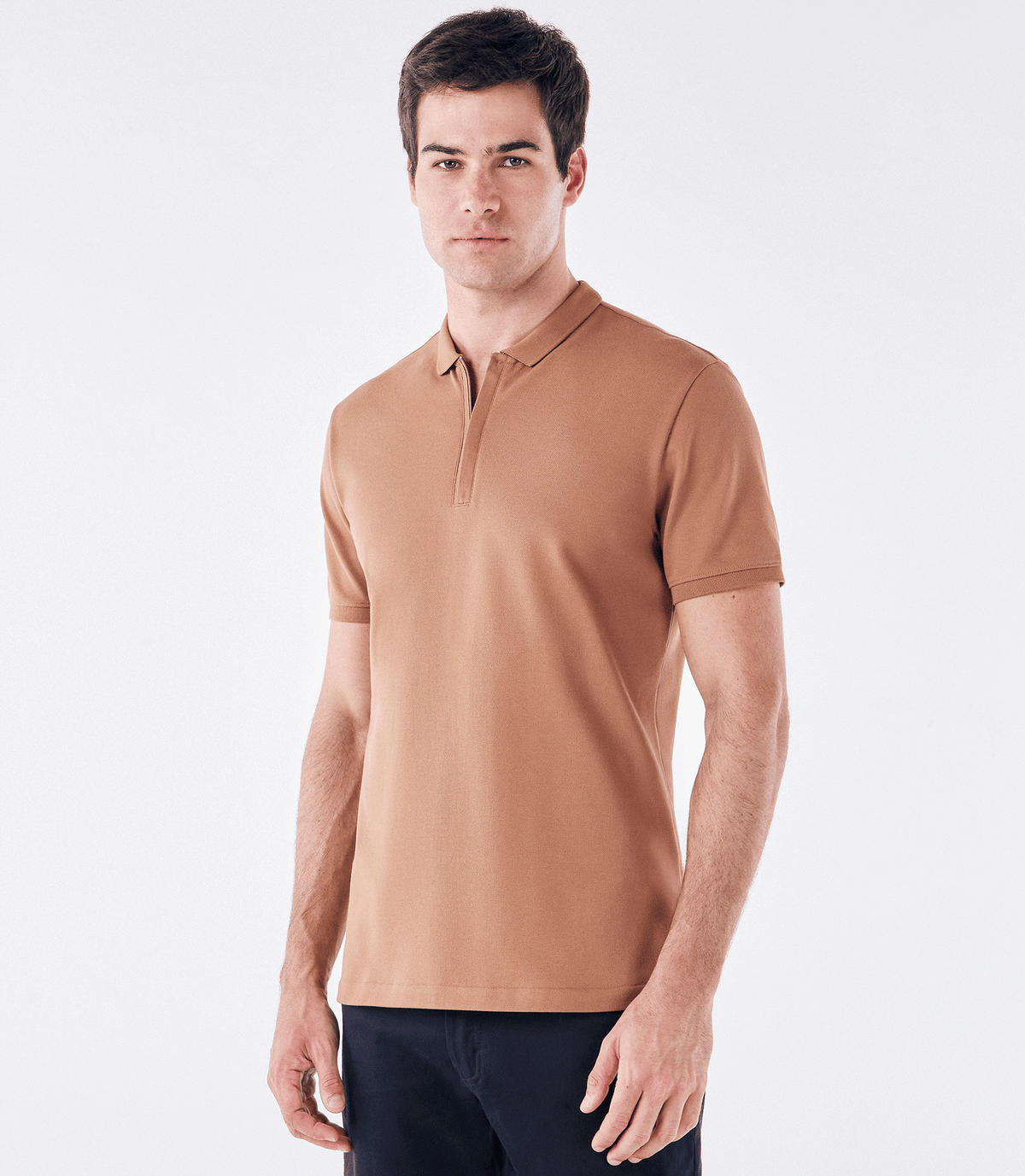 Polo Pima Zíper Gola Estreita Marrom