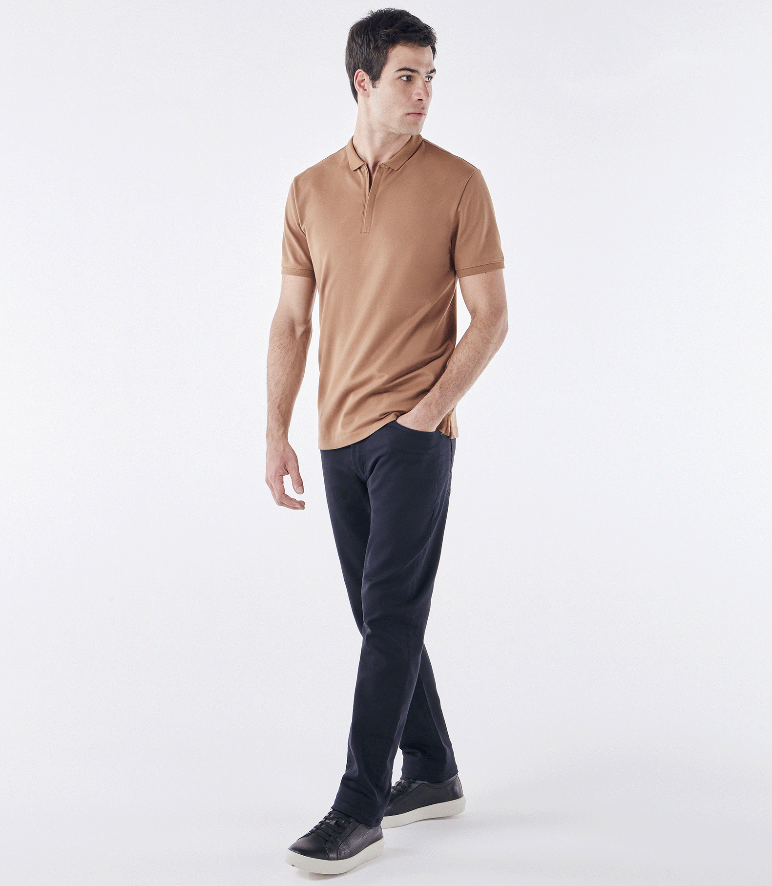 Polo Pima Zíper Gola Estreita Marrom