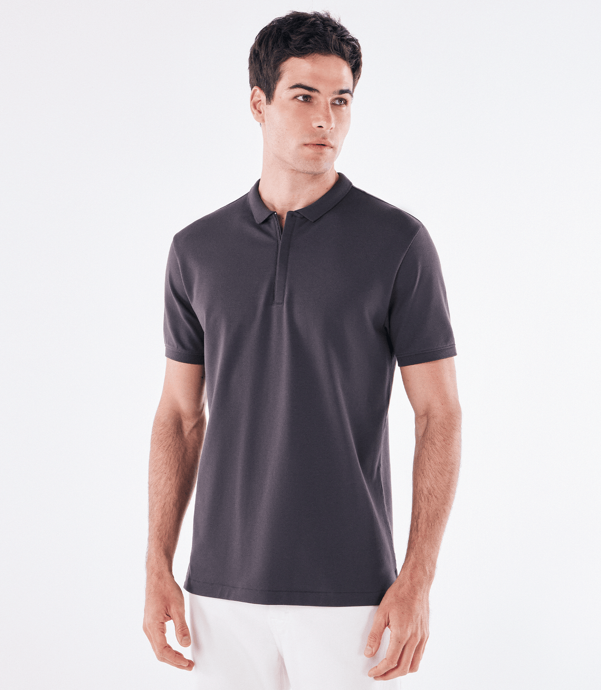 Polo Pima Zíper Gola Estreita Cinza