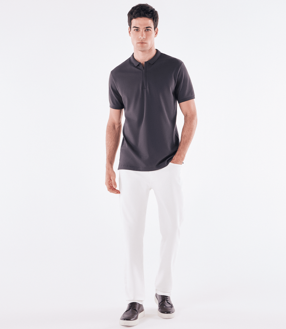 Polo Pima Zíper Gola Estreita Cinza