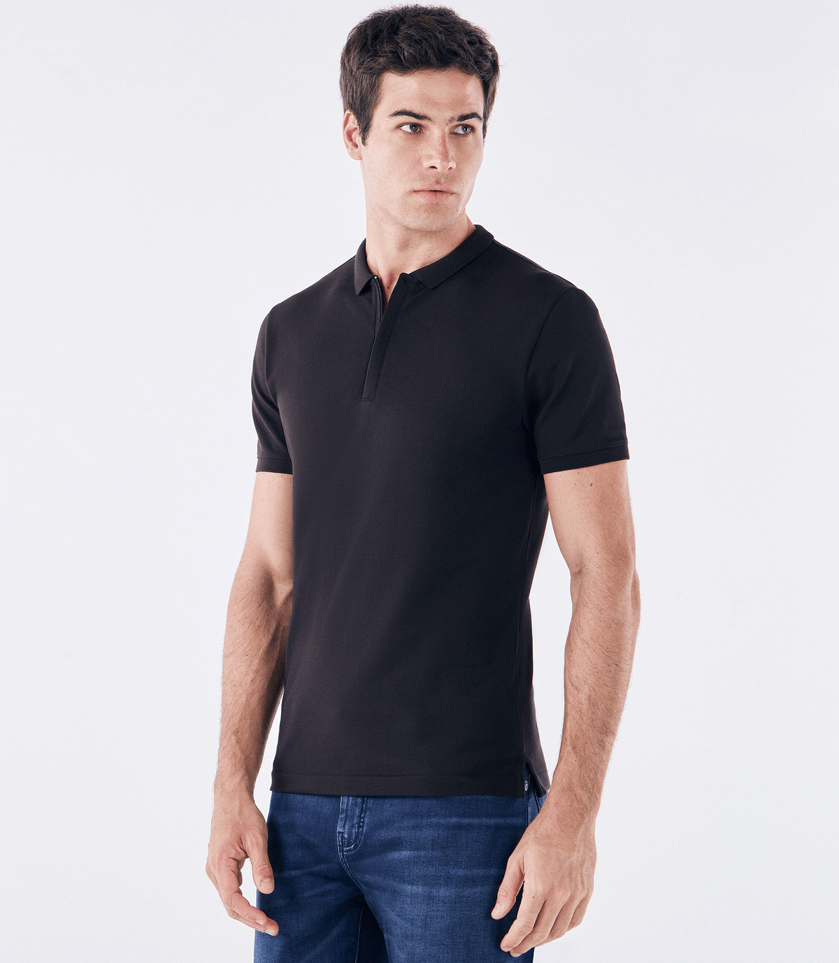Polo Pima Zíper Gola Estreita Preto