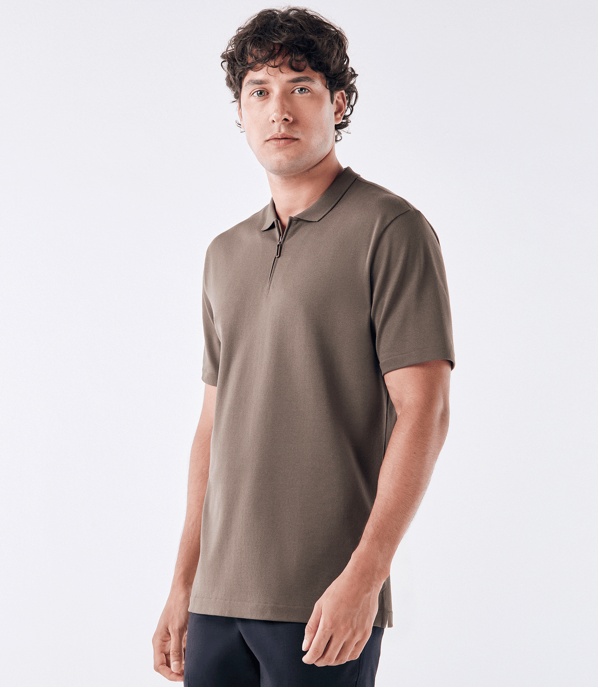 Polo Pima Gola Estreita Zíper kaki