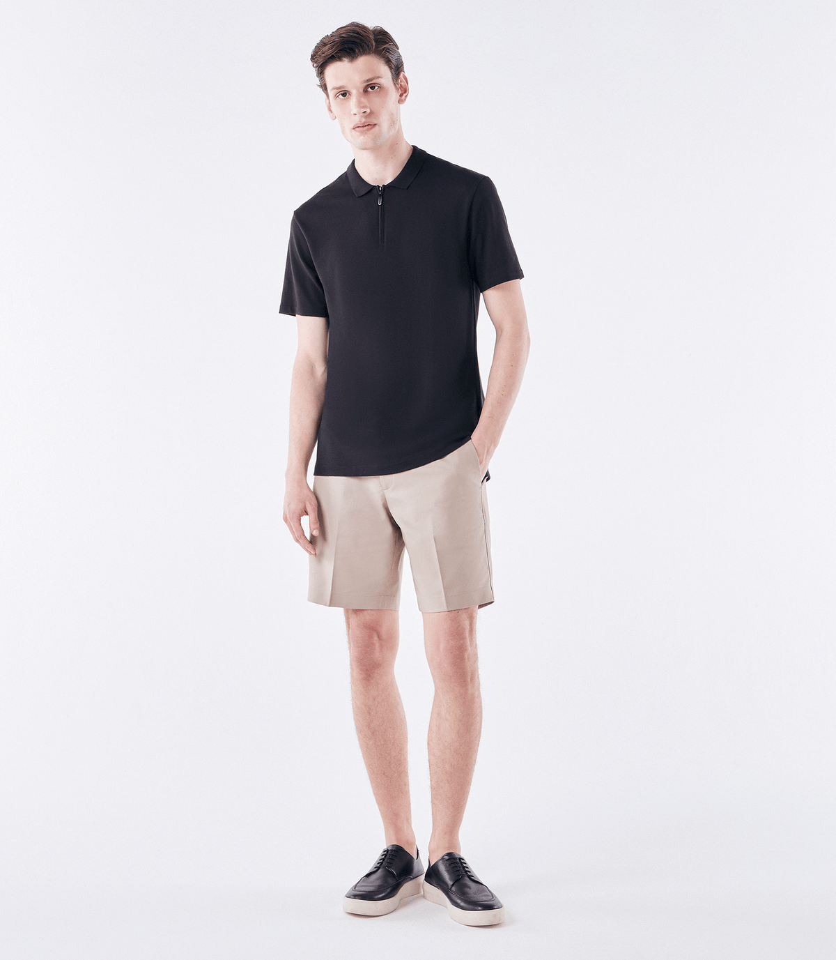 Polo Pima Gola Estreita Zíper Preto